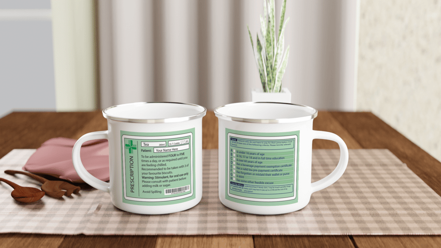 Joke enamel tea prescription mug and coaster. Gift for medical profession