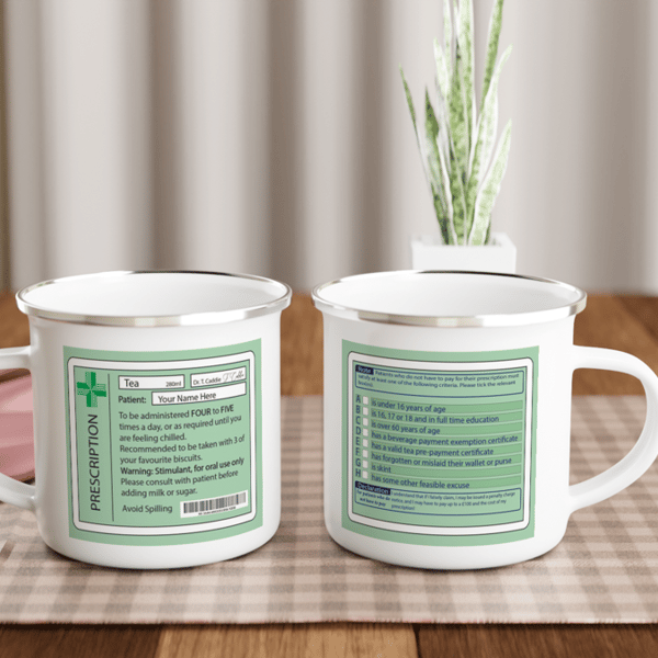 Joke enamel tea prescription mug and coaster. Gift for medical profession