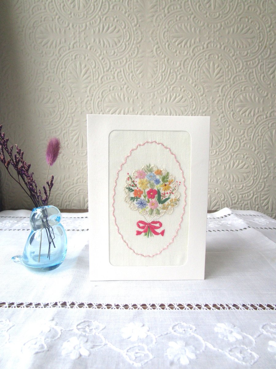 Hand-Embroidered Card – Pink Bouquet