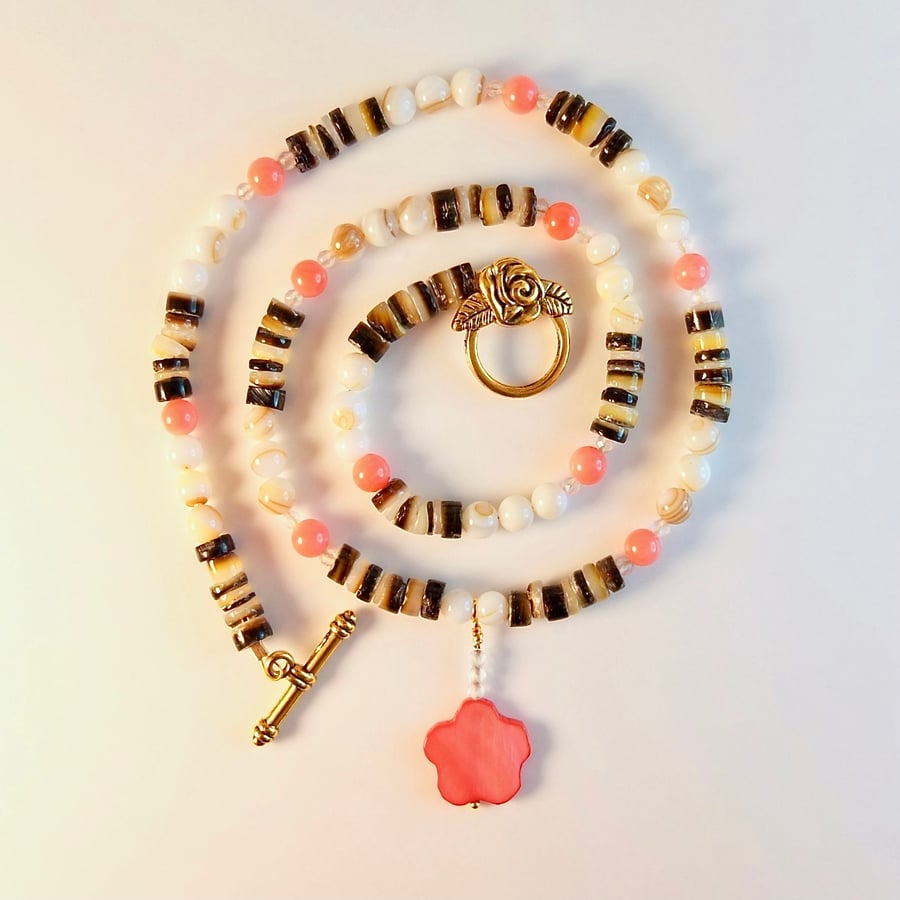Mother Of Pearl Flower, Coral And Shell Necklace - Handmade In Devon
