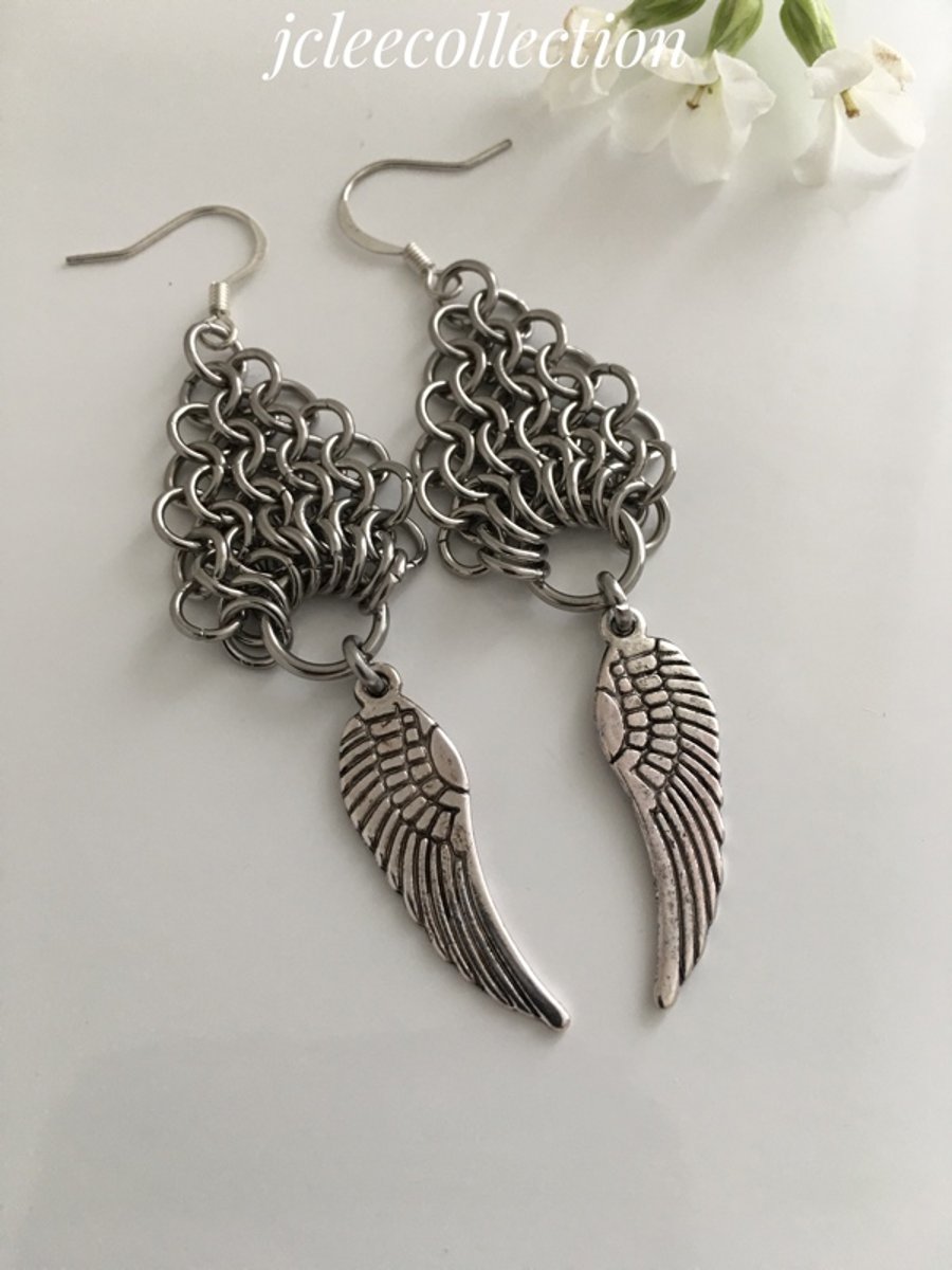 Long Silver Angel Wing Viking Style Chainmail Earrings Stanless Steel