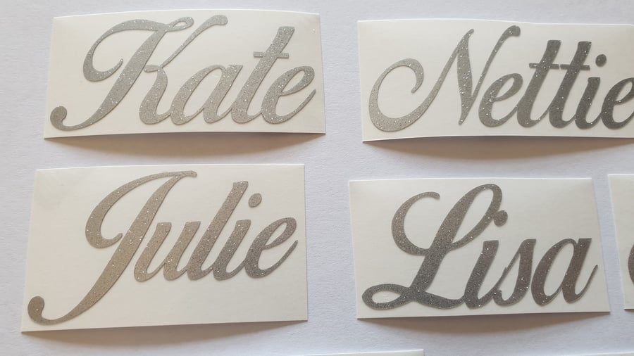 Personalised Silver Glitter Vinyl Sticker Names Wine Glass Water Bottle decal