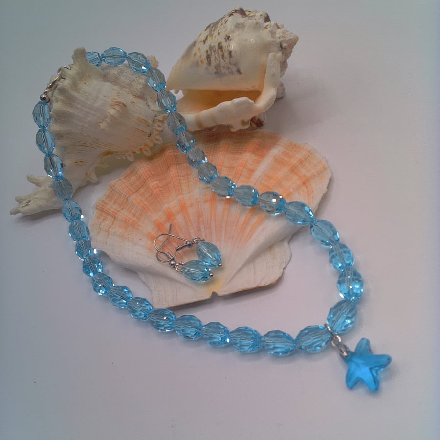Pale Blue Crystal Necklace With a Glass Starfish and Earrings, Gift for Her