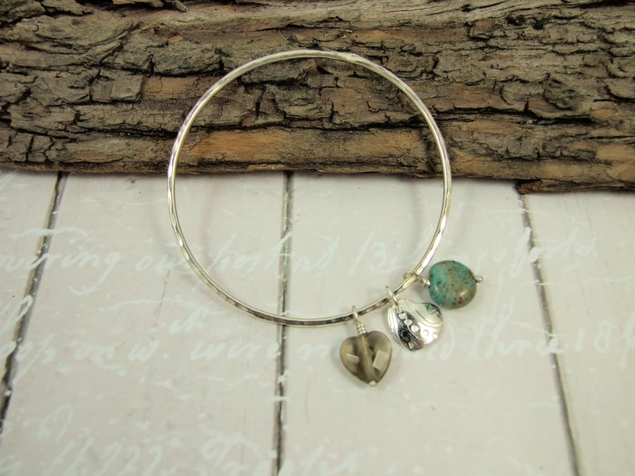 Sterling Silver Heart Charm Bangle with Smoky Quartz and Ocean Jasper
