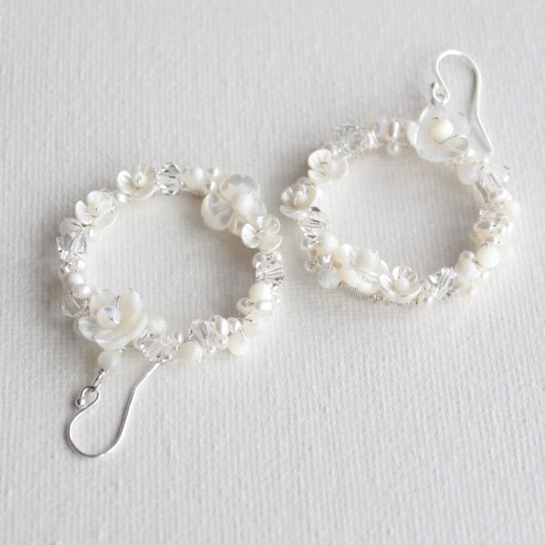 Floral hoop bridal earrings, floral wreath pearl earrings