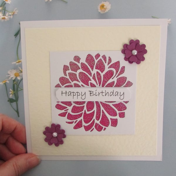 Happy Birthday Cream Iridescent Die Cut Purple Dahlia Flower - Blank Inside