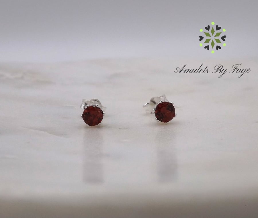 Garnet Facet 4mm Gemstone Sterling Silver Stud Earrings.