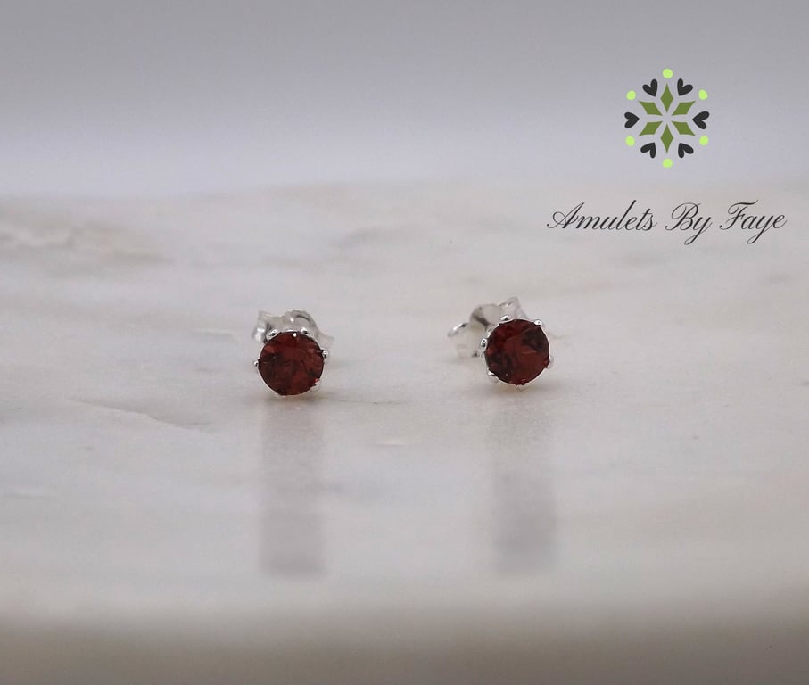 Garnet Facet 4mm Gemstone Sterling Silver Stud Earrings.