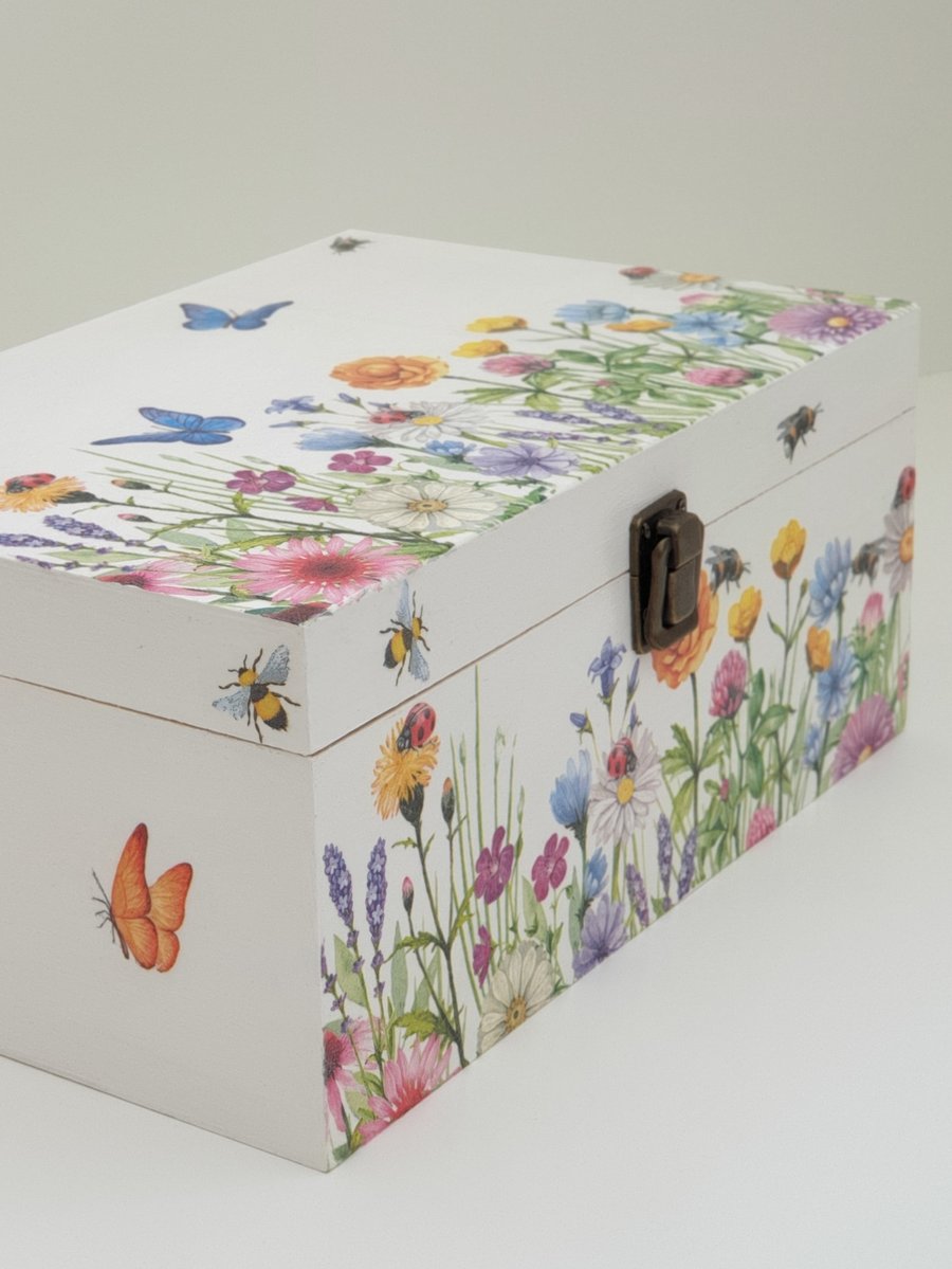 Wooden memory box with meadow flowers and butterflies  