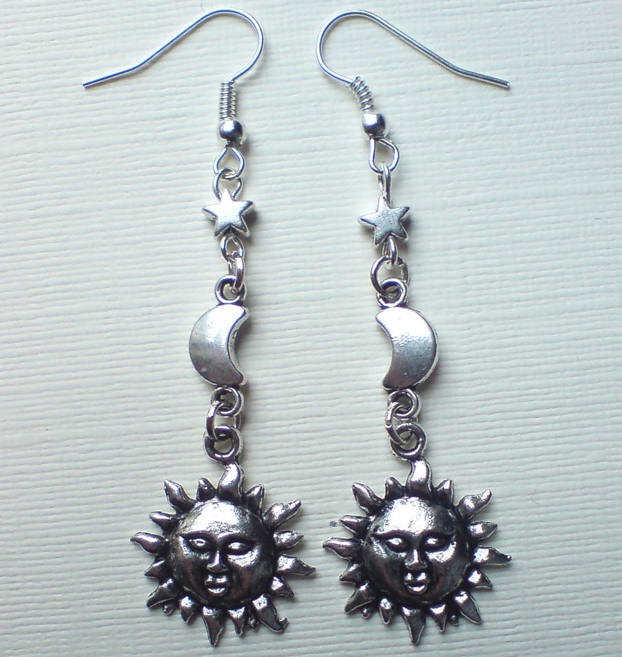 Silver Plate Sun Moon Star Dangling Boho Celestial Earrings