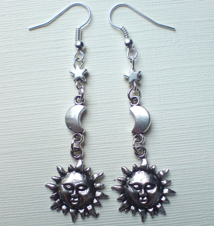 Silver Plate Sun Moon Star Dangling Boho Celestial Earrings