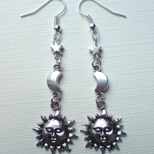 Silver Plate Sun Moon Star Dangling Boho Celestial Earrings