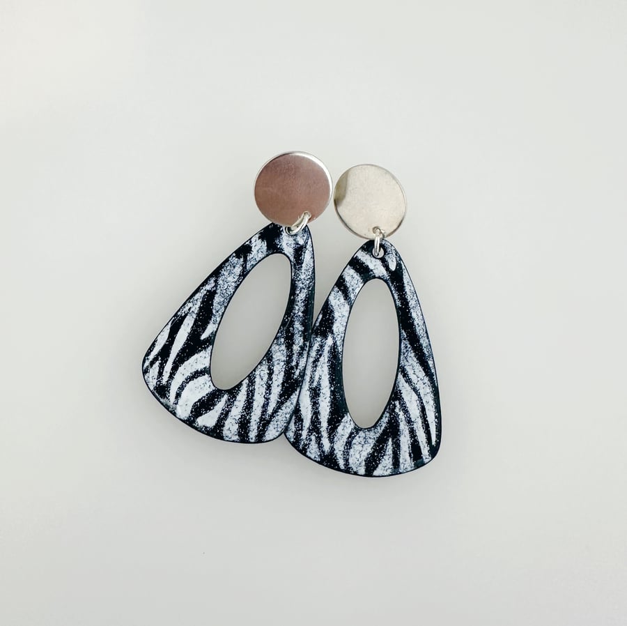Zebra Silver and Enamel Triangle Earrings