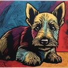 Sitting Scottie Dog Lino Print Style  A5 Greeting Card 