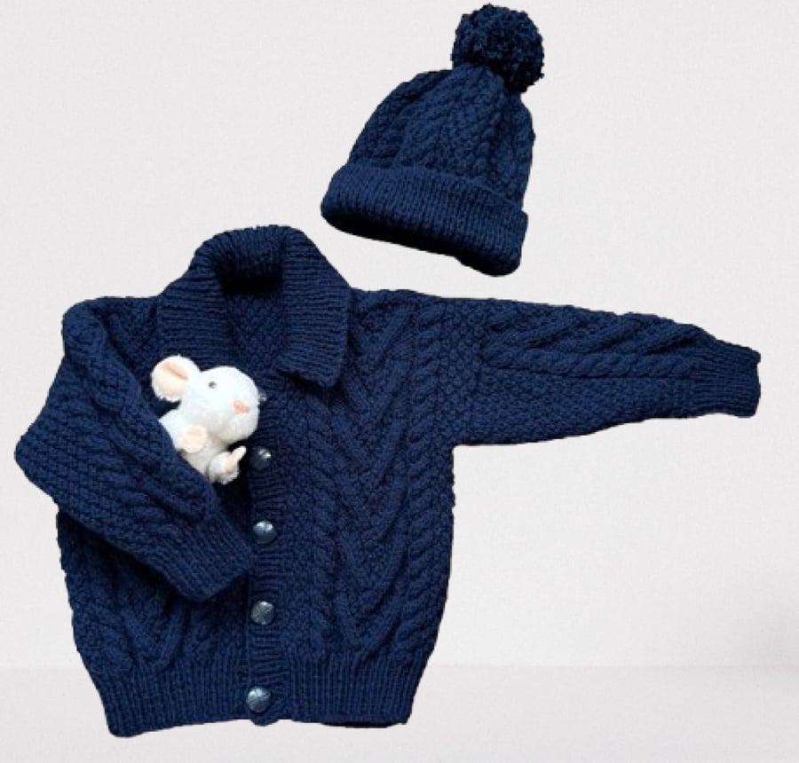 Hand Knitted Wool Blend Jacket with Matching Beanie Hat-Fits Age 3-4 years
