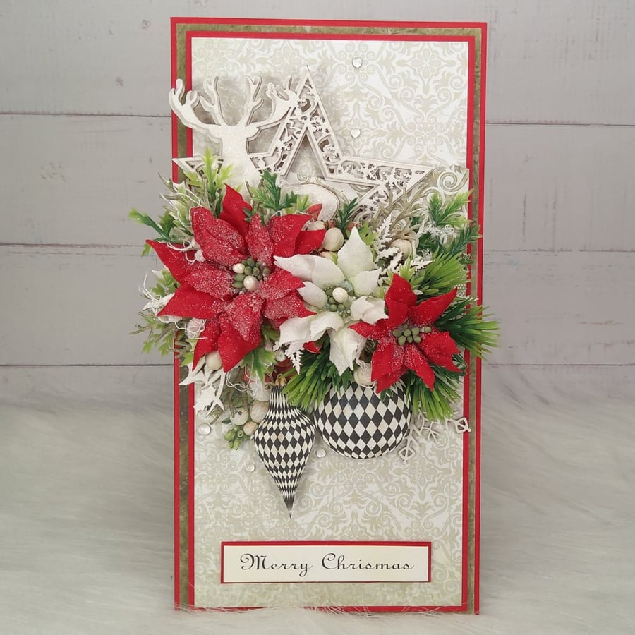 Luxury Handmade Christmas Card. Winter Foliage & Black and White Baubles.(12)