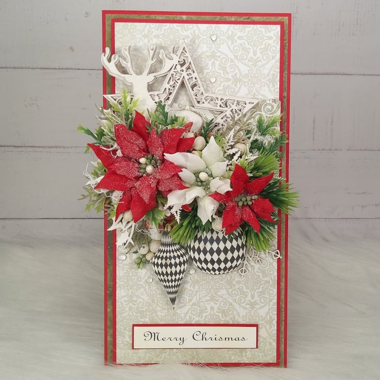 Luxury Handmade Christmas Card. Winter Foliage & Black and White Baubles.(12)