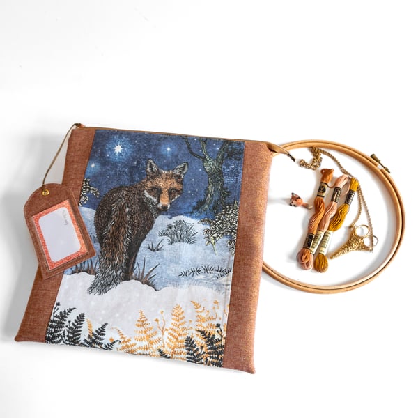 Winter Fox flat zipped project bag, perfect for stitchers and other crafters