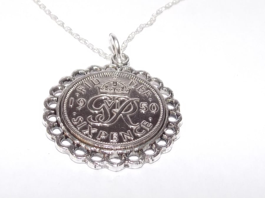 Fine Pendant 1950 Lucky sixpence 70th Birthday plus a Sterling Silver 22in Chain