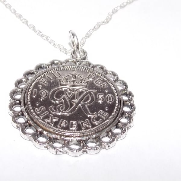 Fine Pendant 1950 Lucky sixpence 70th Birthday plus a Sterling Silver 22in Chain