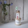 SALE Wooden House on a Vintage Floral Bobbin with Clay Tree 'Home'