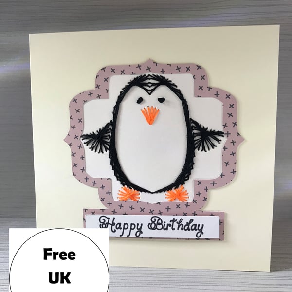 Hand Stitched Penguin Birthday Card - Personalisation available