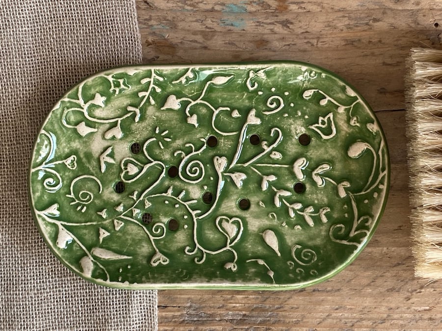 Handmade Pottery Green Botanical Soap Dish