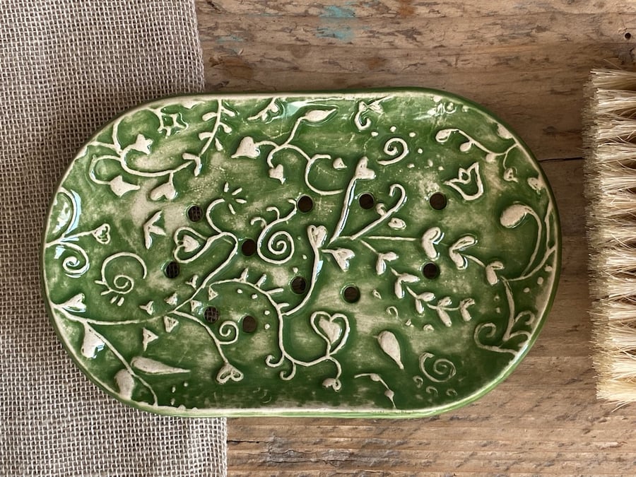 Handmade Pottery Green Botanical Soap Dish