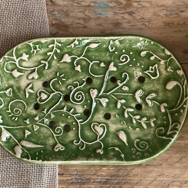 Handmade Pottery Green Botanical Soap Dish