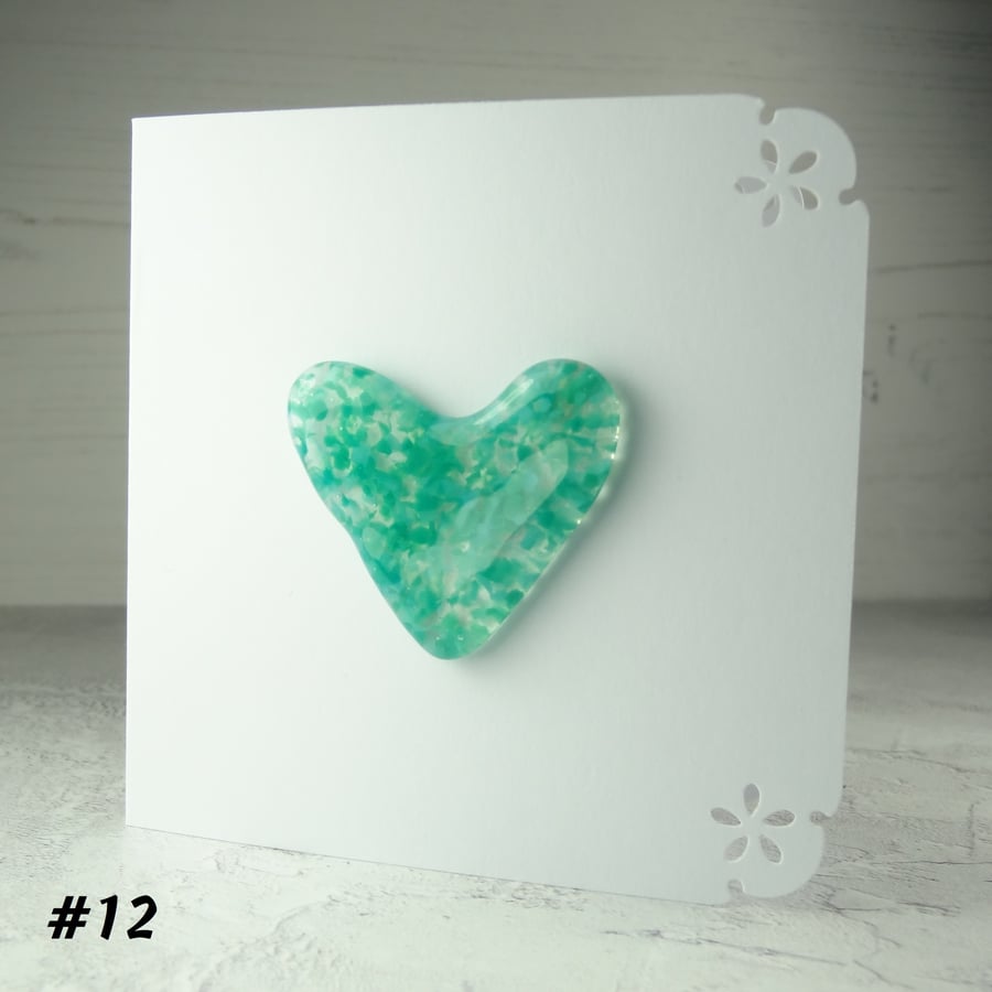 Turquoise speckled heart handcrafted fused glass blank card (12)