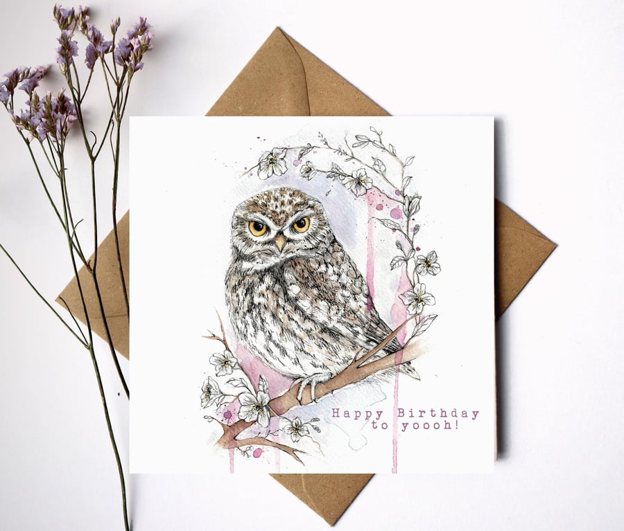 Little Owl 'Happy Birthday To Yoooh!' Pink Watercolour Birthday Card