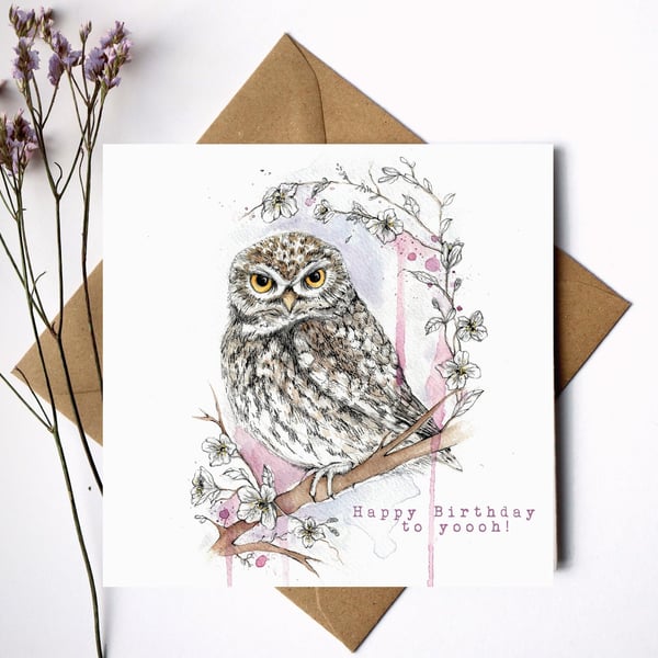 Little Owl 'Happy Birthday To Yoooh!' Pink Watercolour Birthday Card