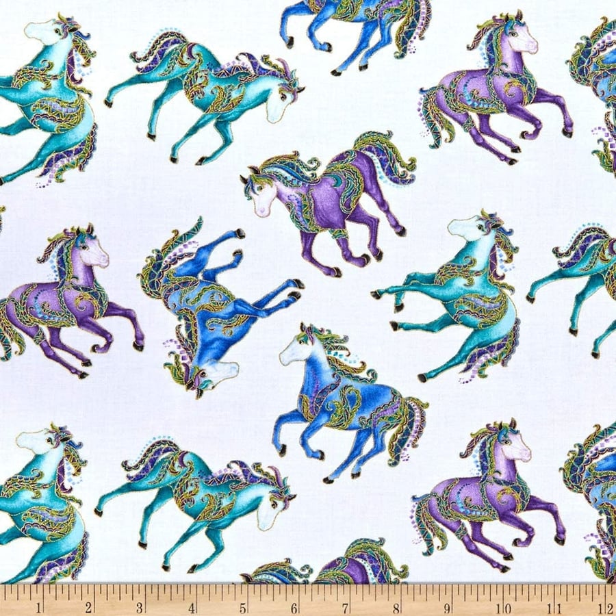Fat Quarter 'Horsen Around' Metallic Reigning Horses (Small) Cotton Fabric-White