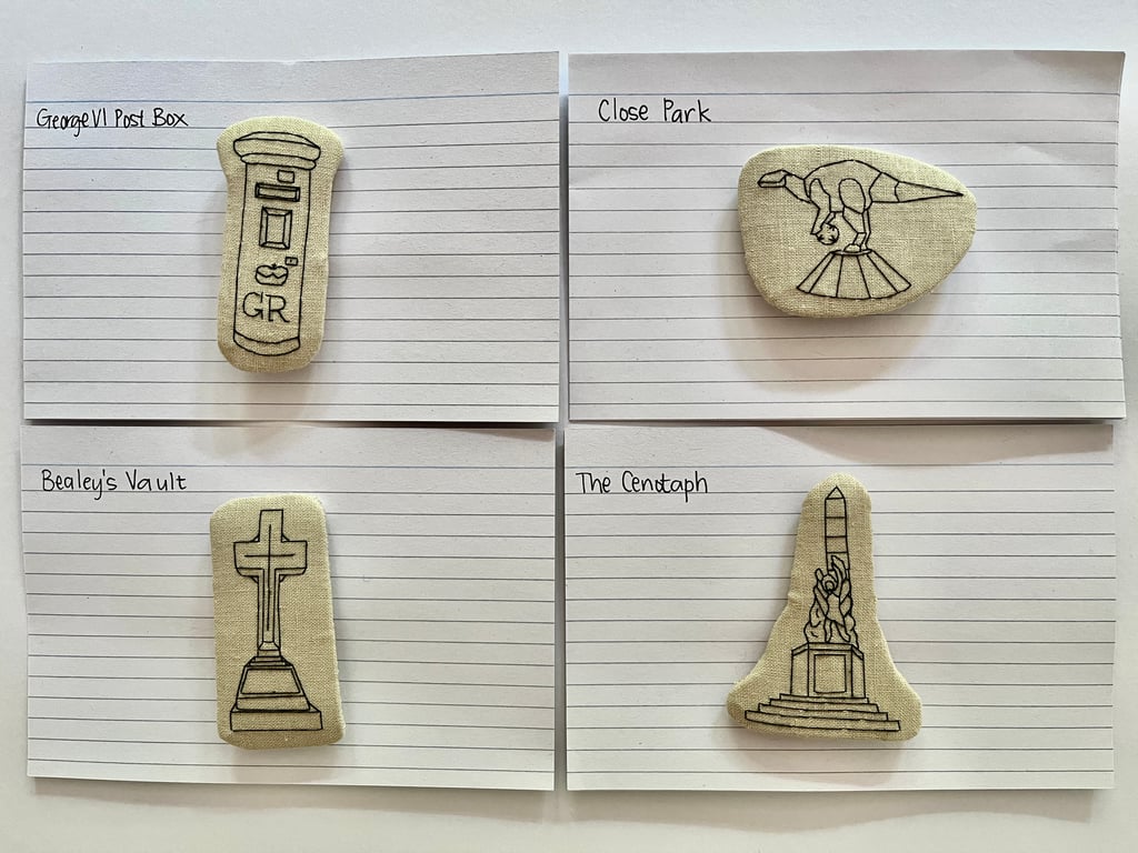 Hand embroidered landmark brooch