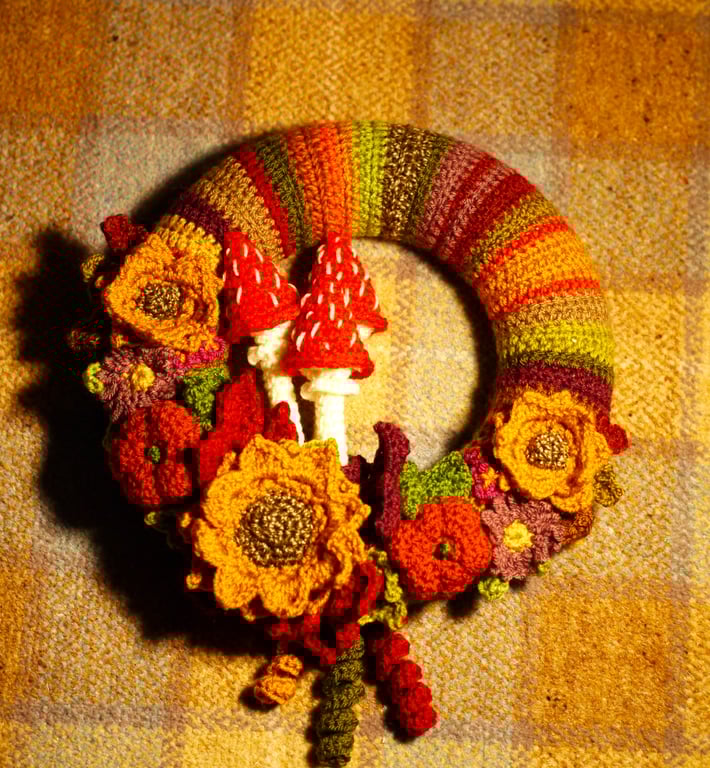 Crochet wreath, Autumn splendour, Sunflowers, toadstools