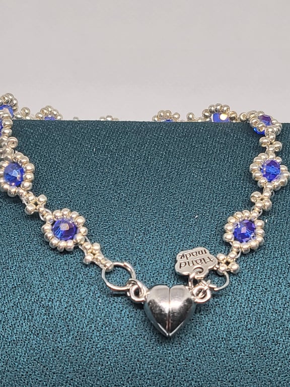 Sapphire Blue Crystal Bracelet Miyuki Beads Magnetic Heart Clasp Handmade
