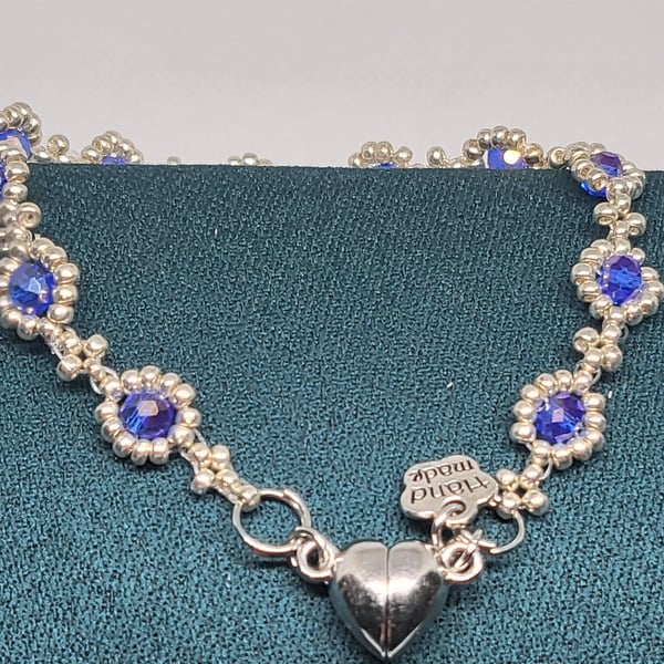 Sapphire Blue Crystal Bracelet Miyuki Beads Magnetic Heart Clasp Handmade