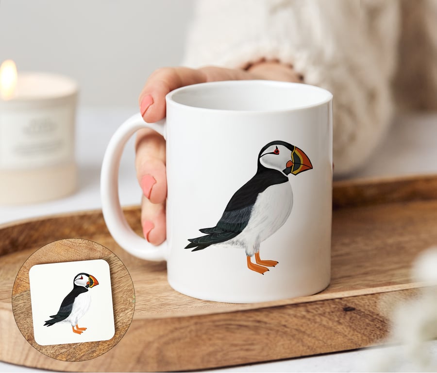 Puffin Bird Mug and optional matching coaster, Percy the Puffin