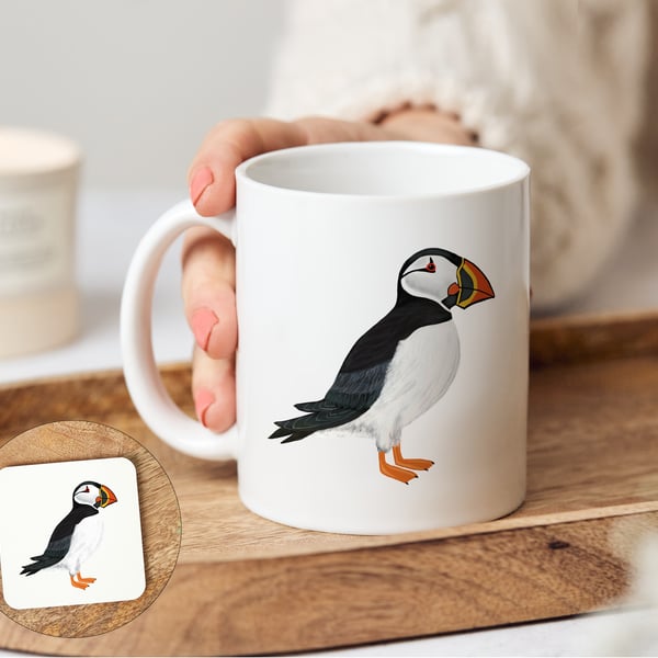 Puffin Bird Mug and optional matching coaster, Percy the Puffin
