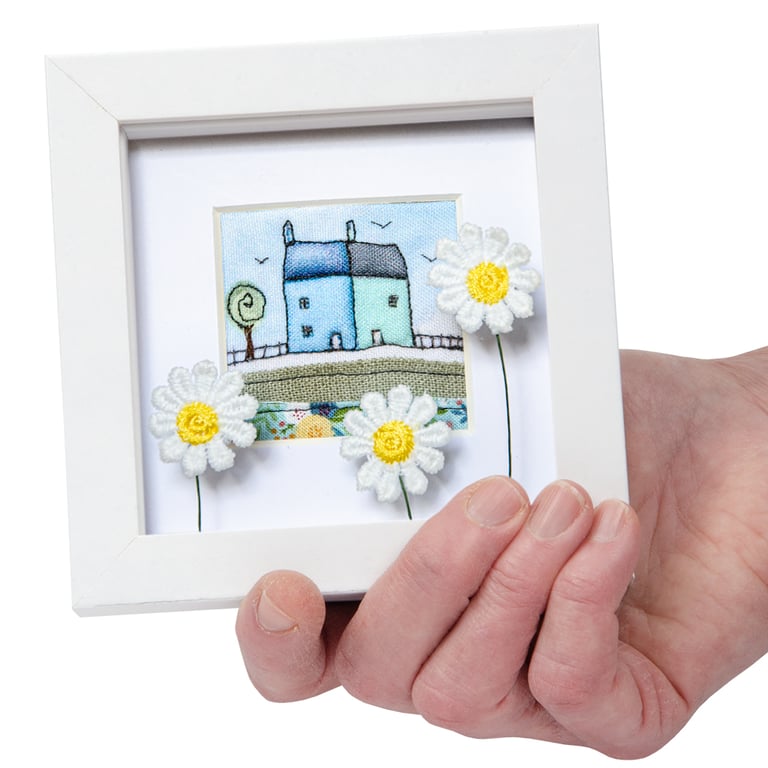 Little blue houses with daisies textile art, gift