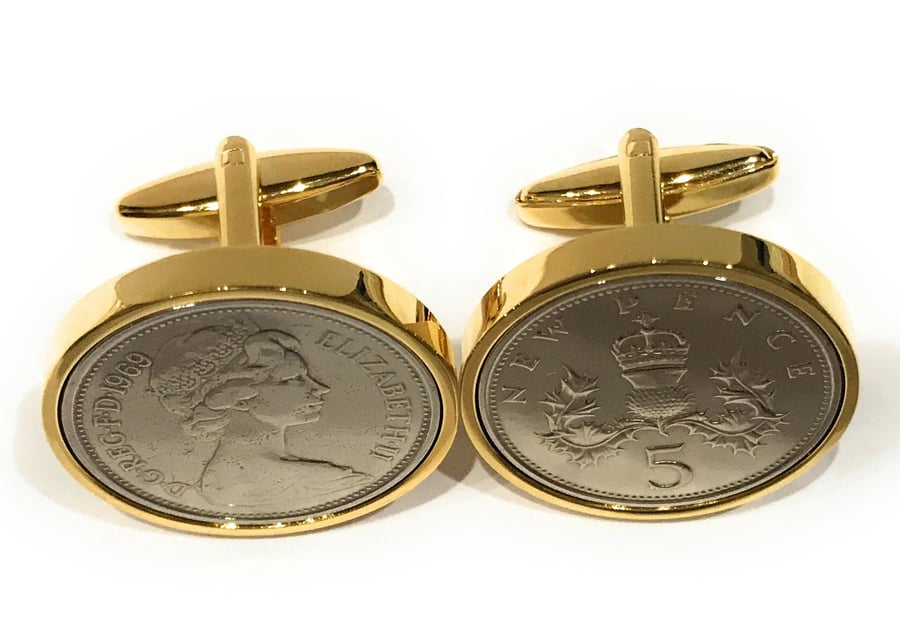 1980 40th Birthday Anniversary Old Large English 5p coin cufflinks - British 5p