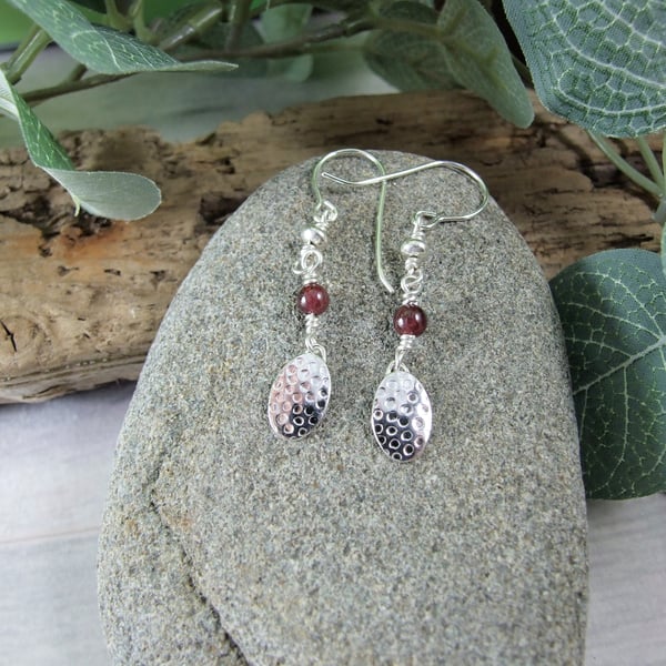 Earrings, Sterling Silver Long Droppers with Garnet