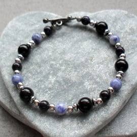 Black Onyx Blue Jasper Blue Goldstone  Black Tone Bracelet 