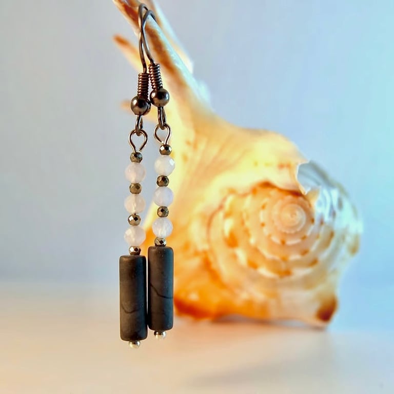 Picasso Jasper Earrings With Blue Chalcedony And Pyrite - Handmade In Devon