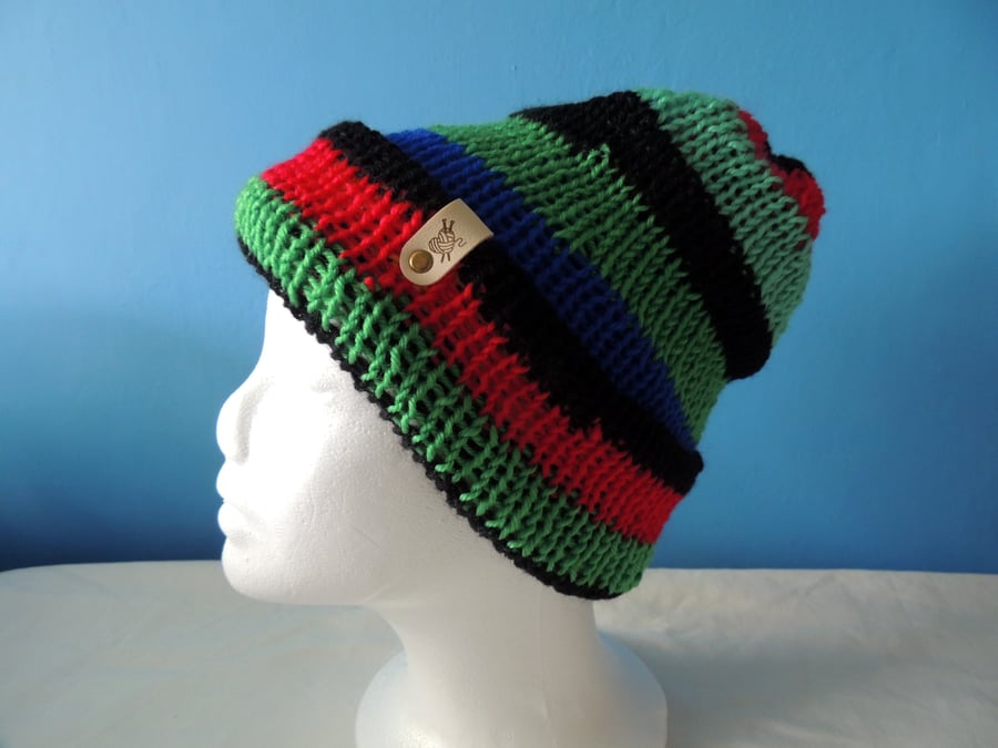 Striped reversible hand knitted woolen beanie