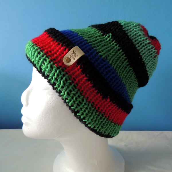 Striped reversible hand knitted woolen beanie