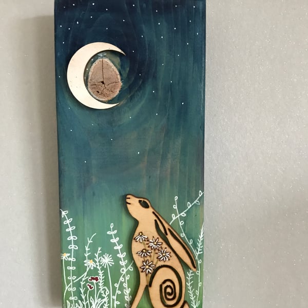 Moon Gazing Hare, flowers, crescent moon, handmade, up-cycled wood
