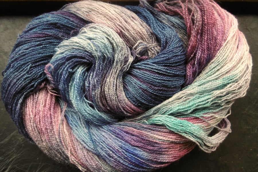 Shetland BFL SILK YARN Midnight Storm Hand Dyed, Painted Elvincraft
