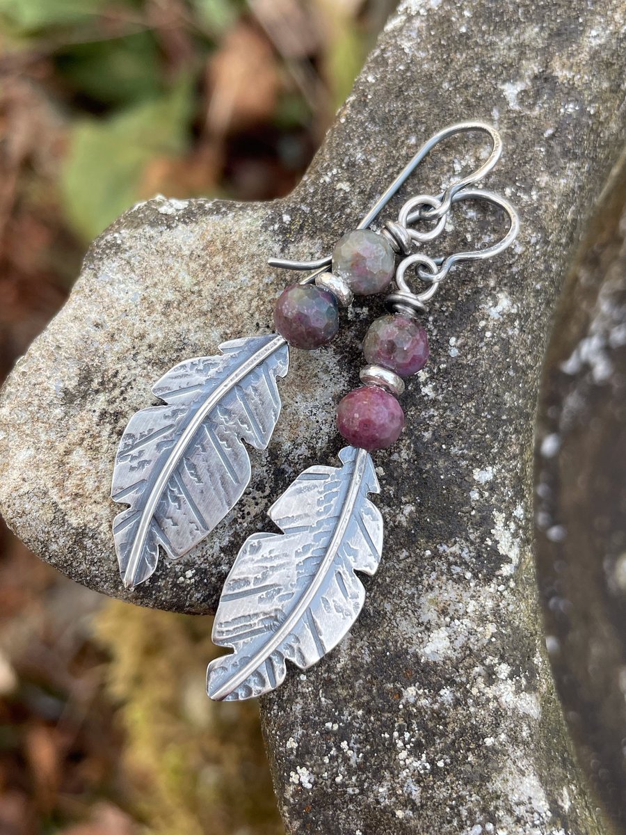 Oxidised silver and ruby fuchsite feather earring