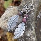 Oxidised silver and ruby fuchsite feather earring